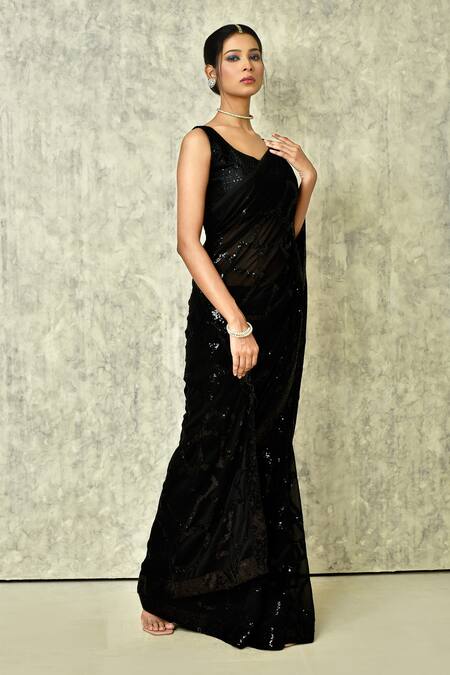 Buy_Samyukta Singhania_Black Faux Leather Sequins Embroidered Saree With Running Blouse_Online_at_Aza_Fashions