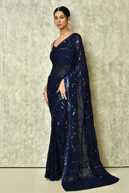 Nazaakat by Samara Singh Blue Faux Georgette Embroidered Sequin Work Saree With Running Blouse