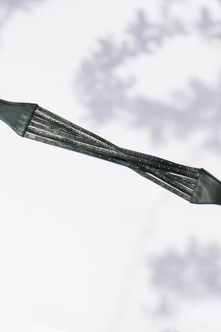 S&N By Shantnu Nikhil_Emerald Green Metallic Thread, Cut Work Studs Embellished Leather Belt_Online_at_Aza_Fashions