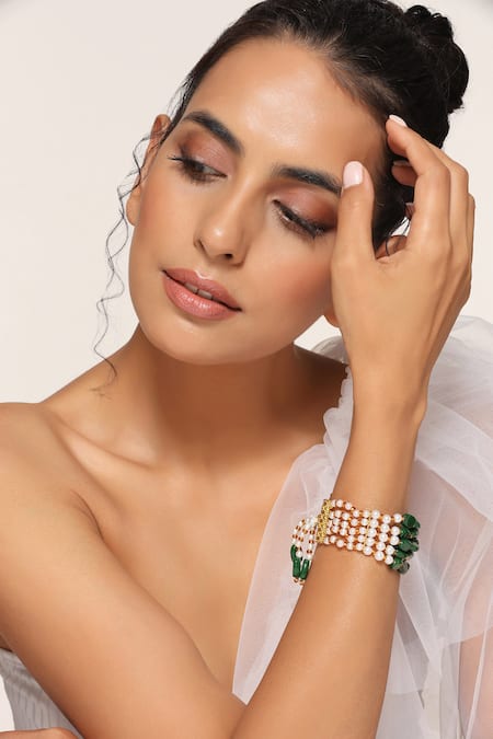 Shop Swabhimann Green Stones, Pearls Embellished Layered Bracelet at Aza Fashions Shop_Swabhimann_Green Stones, Pearls Embellished Layered Bracelet _at_Aza_Fashions