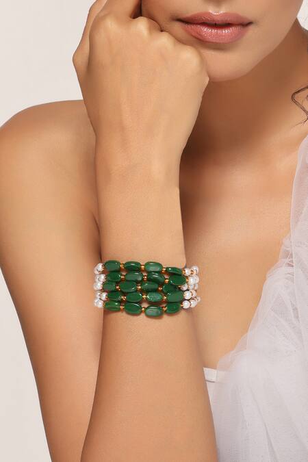 Swabhimann Green Stones, Pearls Embellished Layered Bracelet Online at Aza Fashions Swabhimann_Green Stones, Pearls Embellished Layered Bracelet _Online_at_Aza_Fashions