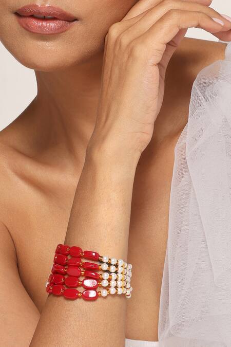 Swabhimann Red Crystals, Pearls Layered Embellished Bracelet Online at Aza Fashions Swabhimann_Red Crystals, Pearls Layered Embellished Bracelet _Online_at_Aza_Fashions