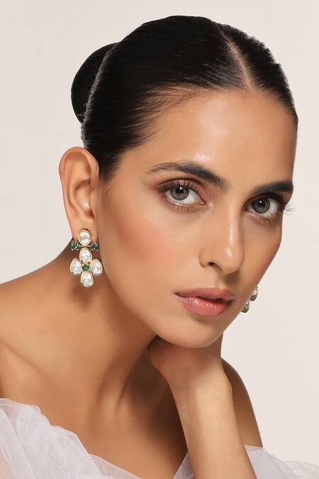 Shop Swabhimann Green Diamonds, Stones Polki Embellished Earrings at Aza Fashions Shop_Swabhimann_Green Diamonds, Stones Polki Embellished Earrings _at_Aza_Fashions