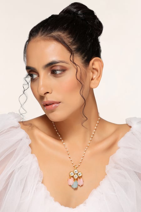 Shop Swabhimann Multi Color Kundan Embellished Pendant Necklace at Aza Fashions Shop_Swabhimann_Multi Color Kundan Embellished Pendant Necklace _at_Aza_Fashions
