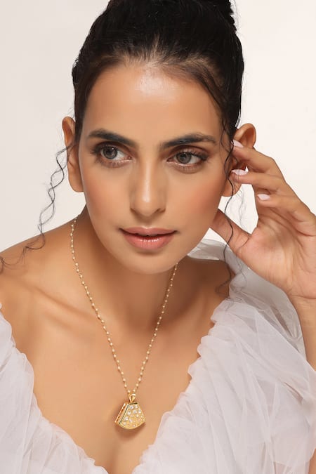 Shop_Swabhimann_Gold Plated Polki Pendant Necklace _at_Aza_Fashions