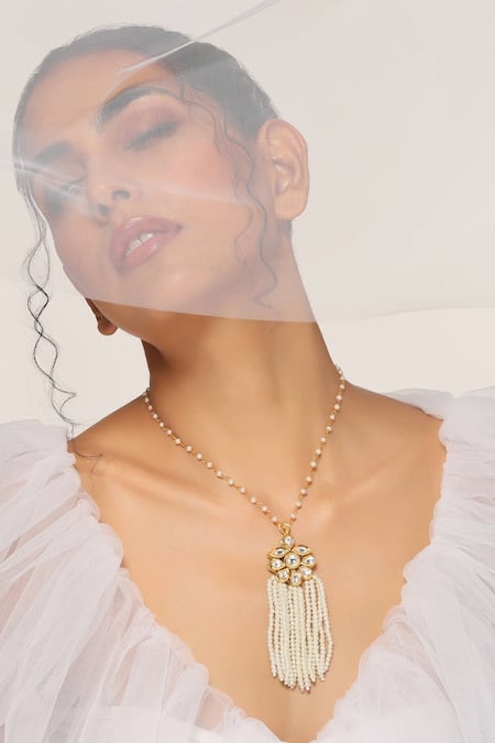 Shop_Swabhimann_White Tassel Pearl Embellished Pendant Necklace _at_Aza_Fashions