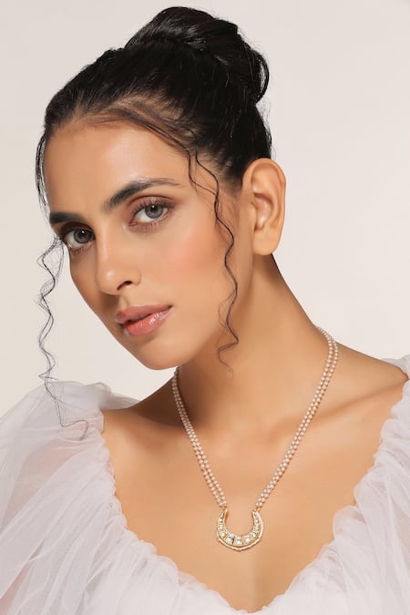 Swabhimann Gold Plated Kundan Embellished Crescent Pendant Necklace 