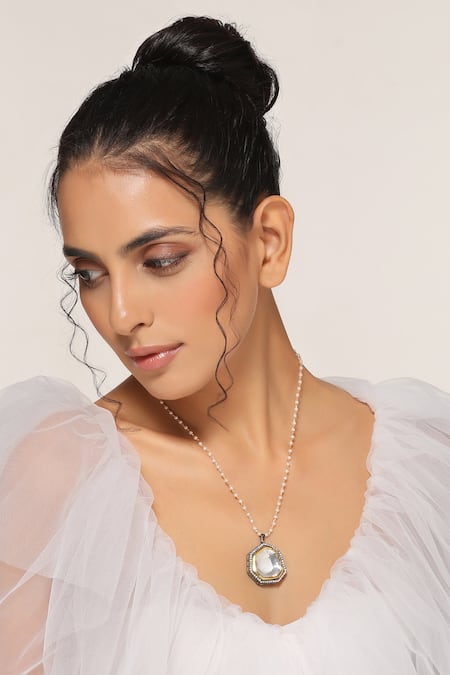 Shop Swabhimann Grey Abstract Pattern Embellished Pendant Necklace at Aza Fashions Shop_Swabhimann_Grey Abstract Pattern Embellished Pendant Necklace _at_Aza_Fashions