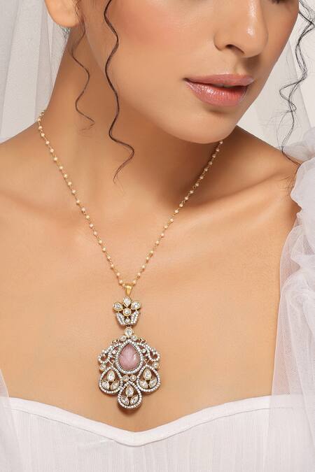 Swabhimann Pink Victorian Polki Pendant Necklace Online at Aza Fashions Swabhimann_Pink Victorian Polki Pendant Necklace _Online_at_Aza_Fashions