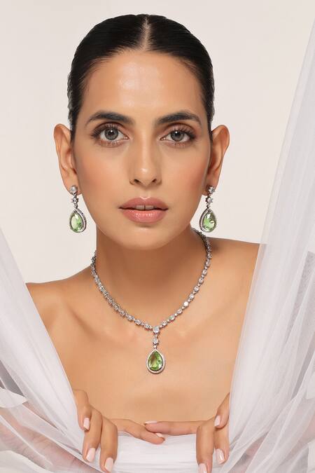 Swabhimann Green Diamonds, Stones Zirconia Embellished Necklace Set Online at Aza Fashions Swabhimann_Green Diamonds, Stones Zirconia Embellished Necklace Set _Online_at_Aza_Fashions