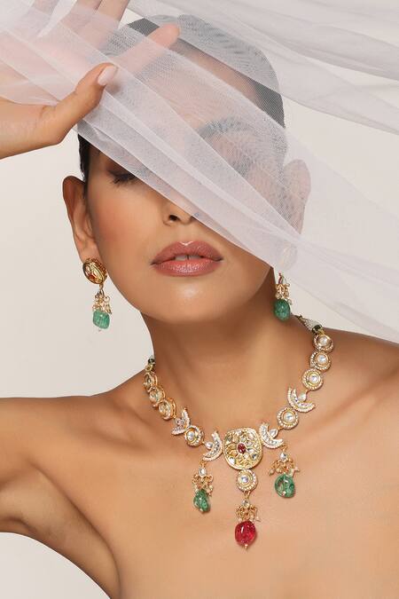 Swabhimann Multi Color Embroidery Kundan Embellished Necklace Set Online at Aza Fashions Swabhimann_Multi Color Embroidery Kundan Embellished Necklace Set _Online_at_Aza_Fashions