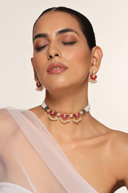 Swabhimann Red Pearls, Stones Embellished Necklace Set Online at Aza Fashions Swabhimann_Red Pearls, Stones Embellished Necklace Set _Online_at_Aza_Fashions