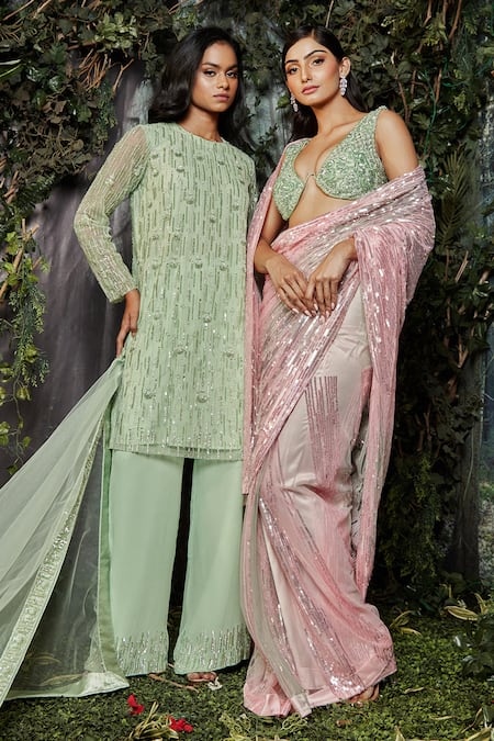 Kashmiraa Green Georgette, Net Cut Work, Embroidery Round Neck Hand Kurta Pant Set Online at Aza Fashions Kashmiraa_Green Georgette, Net Cut Work, Embroidery Round Neck Hand Kurta Pant Set _Online_at_Aza_Fashions