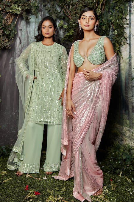 Buy Kashmiraa Green Georgette, Net Cut Work, Embroidery Round Neck Hand Kurta Pant Set Online at Aza Fashions Buy_Kashmiraa_Green Georgette, Net Cut Work, Embroidery Round Neck Hand Kurta Pant Set _Online_at_Aza_Fashions