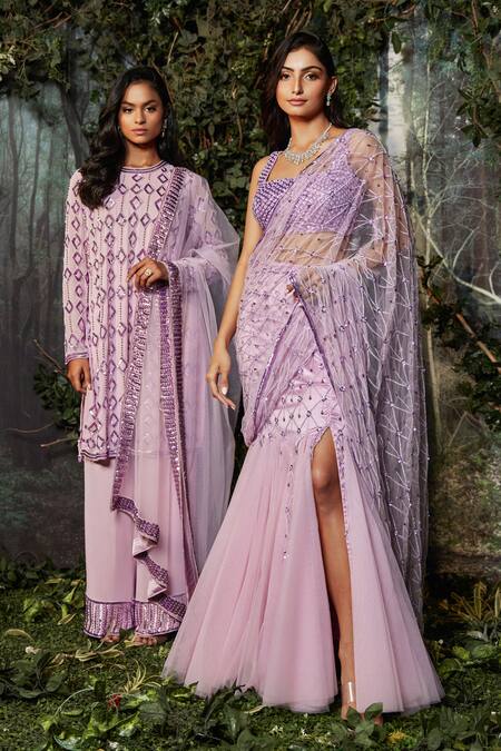 Shop Kashmiraa Purple Georgette, Net Crystals Round Neck Crsytals Embroidered Kurta Pant Set at Aza Fashions Shop_Kashmiraa_Purple Georgette, Net Crystals Round Neck Crsytals Embroidered Kurta Pant Set _at_Aza_Fashions