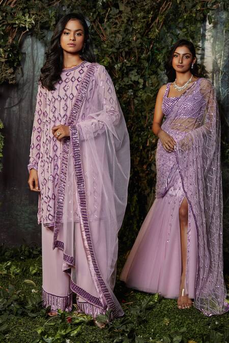 Shop Kashmiraa Purple Georgette, Net Crystals Round Neck Crsytals Embroidered Kurta Pant Set Online at Aza Fashions Shop_Kashmiraa_Purple Georgette, Net Crystals Round Neck Crsytals Embroidered Kurta Pant Set _Online_at_Aza_Fashions