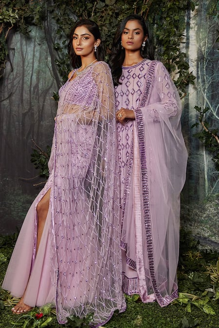 Kashmiraa Purple Georgette, Net Crystals Round Neck Crsytals Embroidered Kurta Pant Set at Aza Fashions Kashmiraa_Purple Georgette, Net Crystals Round Neck Crsytals Embroidered Kurta Pant Set _at_Aza_Fashions