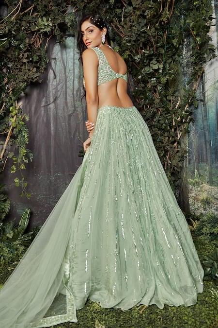 Shop Kashmiraa Green Organza, Net Crystals Sweetheart Crsytals Embroidered Blouse Lehenga Set at Aza Fashions Shop_Kashmiraa_Green Organza, Net Crystals Sweetheart Crsytals Embroidered Blouse Lehenga Set _at_Aza_Fashions