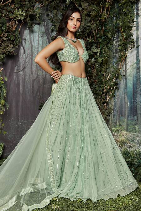 Shop Kashmiraa Green Organza, Net Crystals Sweetheart Crsytals Embroidered Blouse Lehenga Set Online at Aza Fashions Shop_Kashmiraa_Green Organza, Net Crystals Sweetheart Crsytals Embroidered Blouse Lehenga Set _Online_at_Aza_Fashions