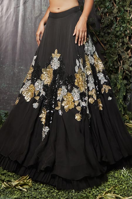 Kashmiraa Black Organza, Net Cut Work, Sequins Sweetheart Hand Embroidered Lehenga Set Online at Aza Fashions Kashmiraa_Black Organza, Net Cut Work, Sequins Sweetheart Hand Embroidered Lehenga Set _Online_at_Aza_Fashions