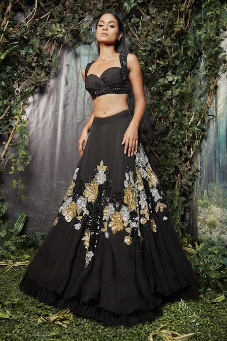 Buy Kashmiraa Black Organza, Net Cut Work, Sequins Sweetheart Hand Embroidered Lehenga Set Online at Aza Fashions Buy_Kashmiraa_Black Organza, Net Cut Work, Sequins Sweetheart Hand Embroidered Lehenga Set _Online_at_Aza_Fashions