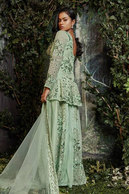 Shop Kashmiraa Green Organza, Net Pearls, Embroidery Round Neck Hand Kurta Sharara Set at Aza Fashions Shop_Kashmiraa_Green Organza, Net Pearls, Embroidery Round Neck Hand Kurta Sharara Set _at_Aza_Fashions