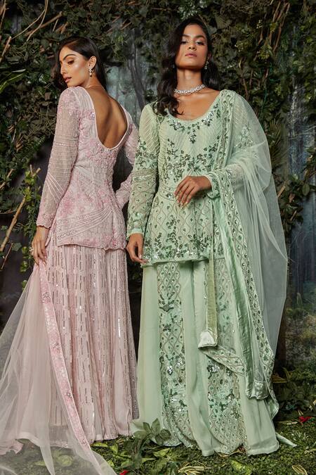 Kashmiraa Green Organza, Net Pearls, Embroidery Round Neck Hand Kurta Sharara Set Online at Aza Fashions Kashmiraa_Green Organza, Net Pearls, Embroidery Round Neck Hand Kurta Sharara Set _Online_at_Aza_Fashions