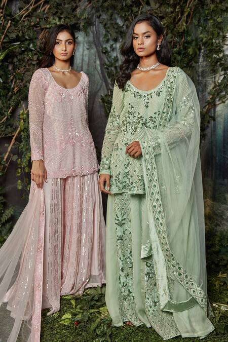 Buy Kashmiraa Green Organza, Net Pearls, Embroidery Round Neck Hand Kurta Sharara Set Online at Aza Fashions Buy_Kashmiraa_Green Organza, Net Pearls, Embroidery Round Neck Hand Kurta Sharara Set _Online_at_Aza_Fashions