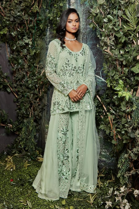 Shop Kashmiraa Green Organza, Net Pearls, Embroidery Round Neck Hand Kurta Sharara Set Online at Aza Fashions Shop_Kashmiraa_Green Organza, Net Pearls, Embroidery Round Neck Hand Kurta Sharara Set _Online_at_Aza_Fashions