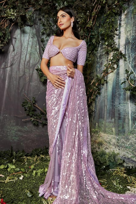 Shop_Kashmiraa_Purple Net Embroidery, Cut Work Sweetheart Neck Saree With Blouse _Online_at_Aza_Fashions