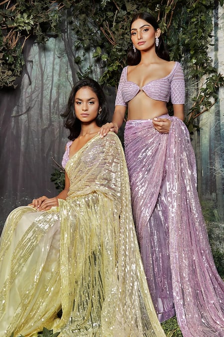 Kashmiraa_Purple Net Embroidery, Cut Work Sweetheart Neck Saree With Blouse _at_Aza_Fashions