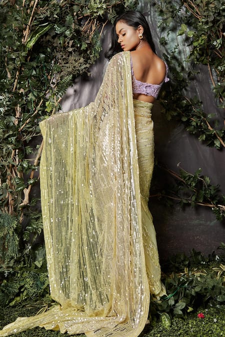 Shop Kashmiraa Yellow Net Embroidery V-neck Cutdana Hand Saree Set at Aza Fashions Shop_Kashmiraa_Yellow Net Embroidery V-neck Cutdana Hand Saree Set _at_Aza_Fashions