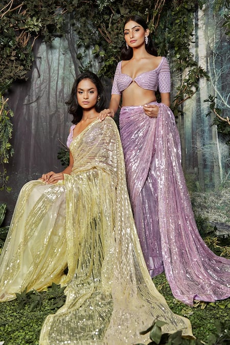 Kashmiraa Yellow Net Embroidery V-neck Cutdana Hand Saree Set Online at Aza Fashions Kashmiraa_Yellow Net Embroidery V-neck Cutdana Hand Saree Set _Online_at_Aza_Fashions