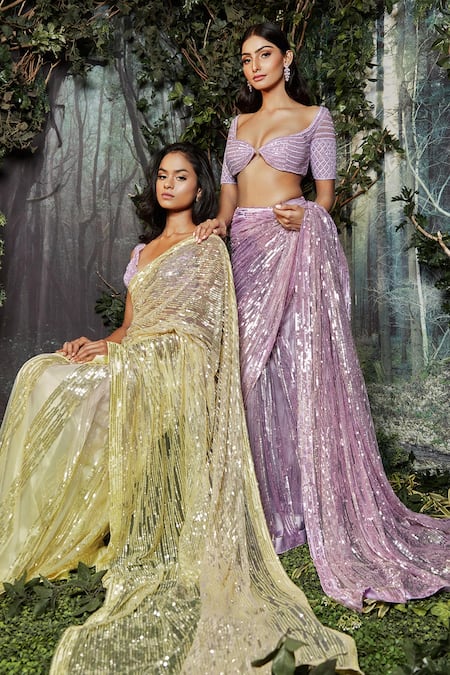 Buy Kashmiraa Yellow Net Embroidery V-neck Cutdana Hand Saree Set Online at Aza Fashions Buy_Kashmiraa_Yellow Net Embroidery V-neck Cutdana Hand Saree Set _Online_at_Aza_Fashions