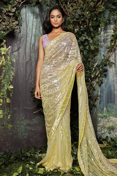 Shop Kashmiraa Yellow Net Embroidery V-neck Cutdana Hand Saree Set Online at Aza Fashions Shop_Kashmiraa_Yellow Net Embroidery V-neck Cutdana Hand Saree Set _Online_at_Aza_Fashions