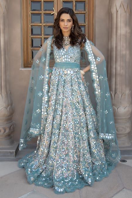 Abhinav Mishra_Blue Net Mirrors, Sequins, Zari V-neck Floral Embroidered Anarkali With Dupatta_Online_at_Aza_Fashions