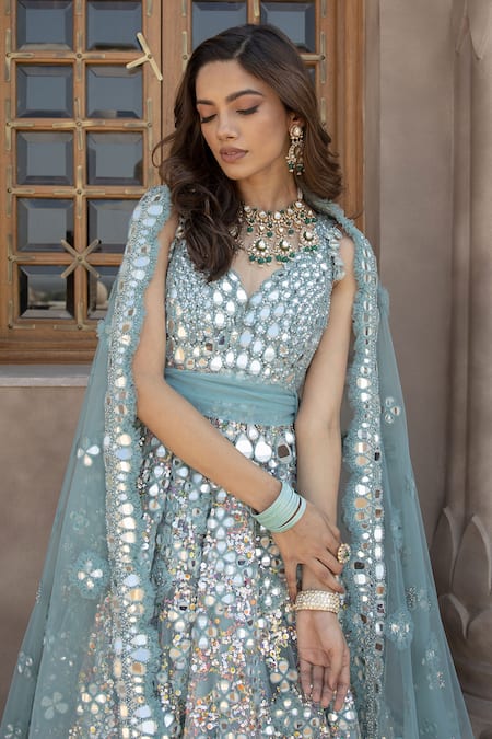 Buy_Abhinav Mishra_Blue Net Mirrors, Sequins, Zari V-neck Floral Embroidered Anarkali With Dupatta_Online_at_Aza_Fashions