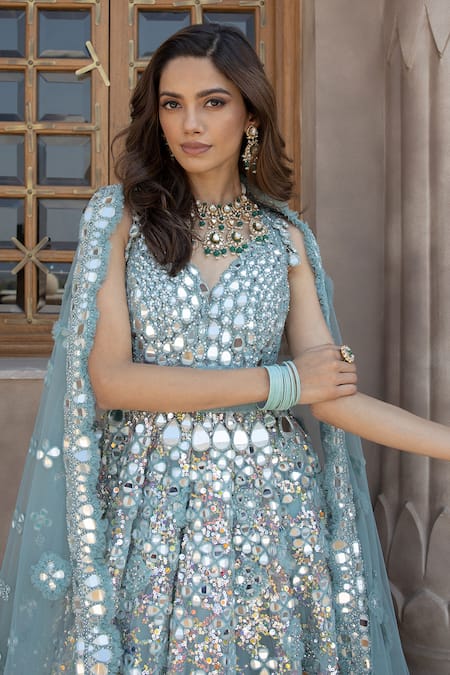 Shop_Abhinav Mishra_Blue Net Mirrors, Sequins, Zari V-neck Floral Embroidered Anarkali With Dupatta_Online_at_Aza_Fashions