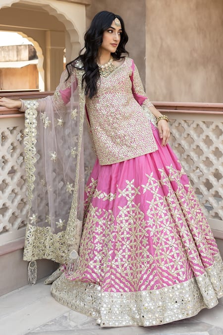 Abhinav Mishra_Pink Chanderi, Net Mirrors, Gota Patti, Tassels Embroidered Lehenga And Kurta Set _Online_at_Aza_Fashions