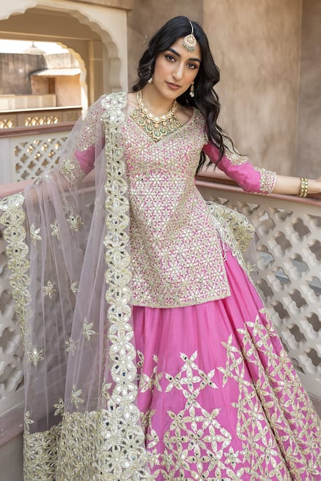 Buy_Abhinav Mishra_Pink Chanderi, Net Mirrors, Gota Patti, Tassels Embroidered Lehenga And Kurta Set _Online_at_Aza_Fashions