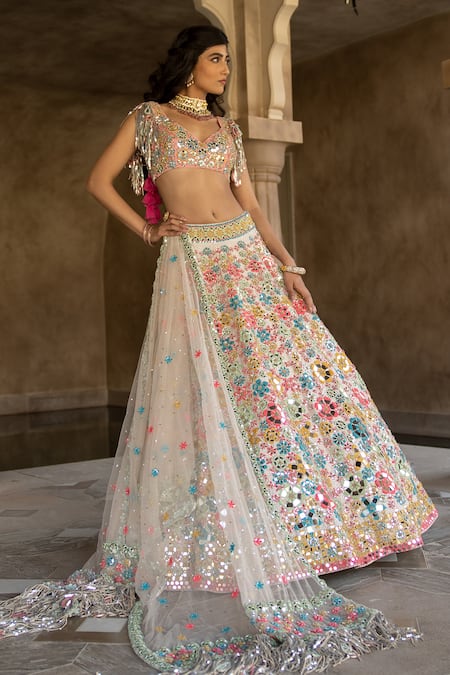 Shop Abhinav Mishra Beige Silk, Net Sequins, Mirrors, Embroidery Floral Bloom Bridal Lehenga Set Online at Aza Fashions Shop_Abhinav Mishra_Beige Silk, Net Sequins, Mirrors, Embroidery Floral Bloom Bridal Lehenga Set _Online_at_Aza_Fashions