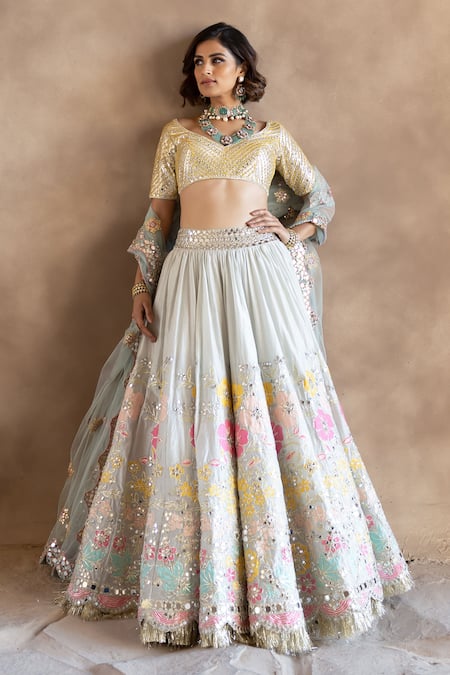 Festive, Navratri Blue, White and Off White color Rayon fabric Ready to  Wear Lehenga : 1899479