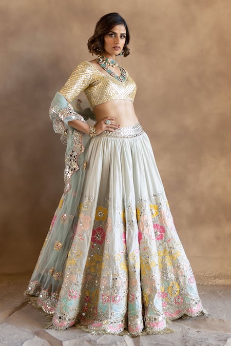 Abhinav Mishra_Blue Chanderi, Net Sequins, Flower Bouquet Embroidered Bridal Lehenga Set_Online_at_Aza_Fashions