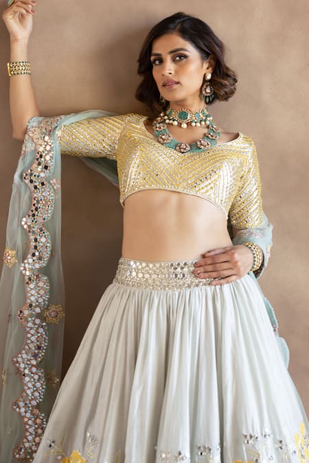 Shop_Abhinav Mishra_Blue Chanderi, Net Sequins, Flower Bouquet Embroidered Bridal Lehenga Set_Online_at_Aza_Fashions