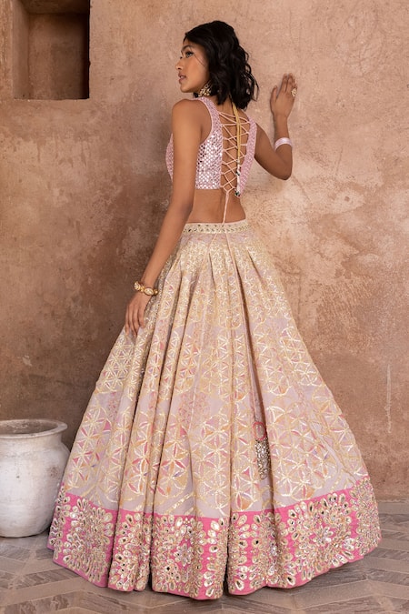 Shop Abhinav Mishra Pink Net, Chanderi Sequins, Mirrors, Gota Hand Embroidered Bridal Lehenga Set at Aza Fashions Shop_Abhinav Mishra_Pink Net, Chanderi Sequins, Mirrors, Gota Hand Embroidered Bridal Lehenga Set _at_Aza_Fashions