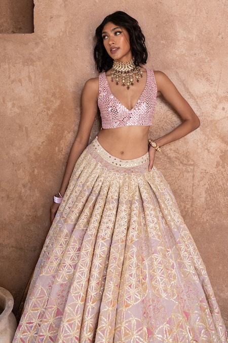 Abhinav Mishra Pink Net, Chanderi Sequins, Mirrors, Gota Hand Embroidered Bridal Lehenga Set at Aza Fashions Abhinav Mishra_Pink Net, Chanderi Sequins, Mirrors, Gota Hand Embroidered Bridal Lehenga Set _at_Aza_Fashions