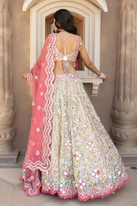 Abhinav Mishra_Multi Color Net Mirrors, Sequins, Zari Scoop Neck And Work Lehenga Set _Online_at_Aza_Fashions
