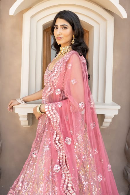 Buy_Abhinav Mishra_Multi Color Net Mirrors, Sequins, Zari Scoop Neck And Work Lehenga Set _Online_at_Aza_Fashions