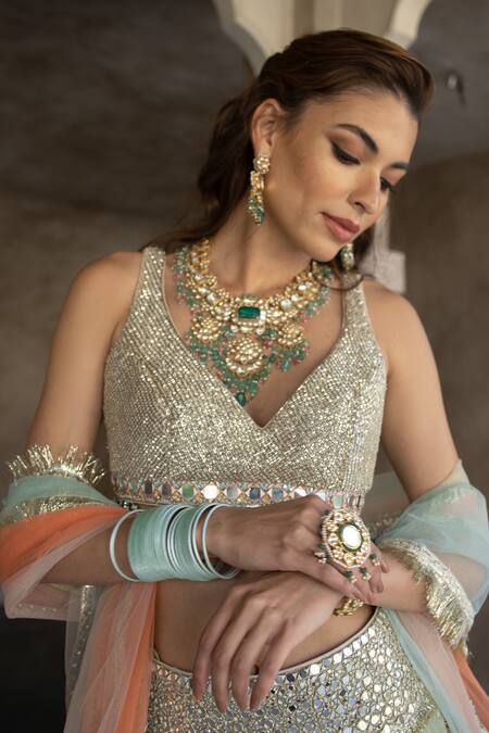 Buy_Abhinav Mishra_Multi Color Silk, Net, Chanderi Embroidery, Zari, Cut Colorblock Lehenga Set _Online_at_Aza_Fashions