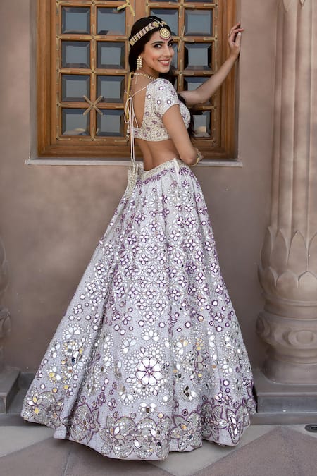 Abhinav Mishra_Ivory Silk, Organza Sequins, Raw Mirror And Resham Work Bridal Lehenga Set _Online_at_Aza_Fashions